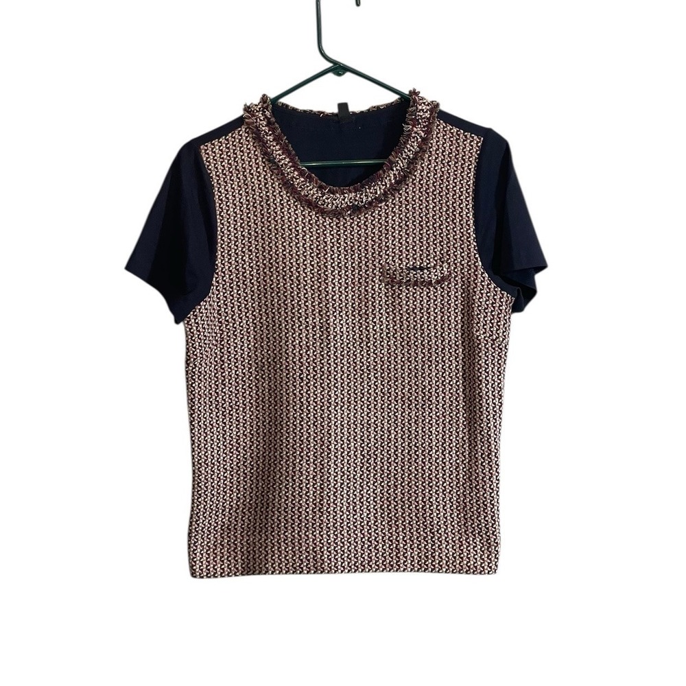 J Crew Tweed Front Tee Womens Med Cotton Silk Short Sleeve Navy Pink Fringe